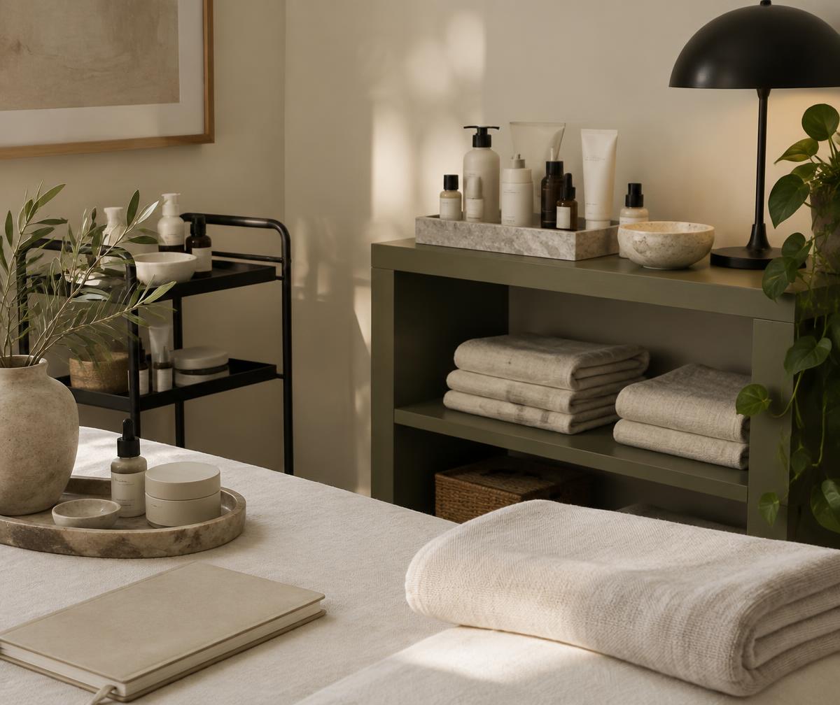 Esthetician's workspace with labelled serums, cotton rounds and a warm lamp
