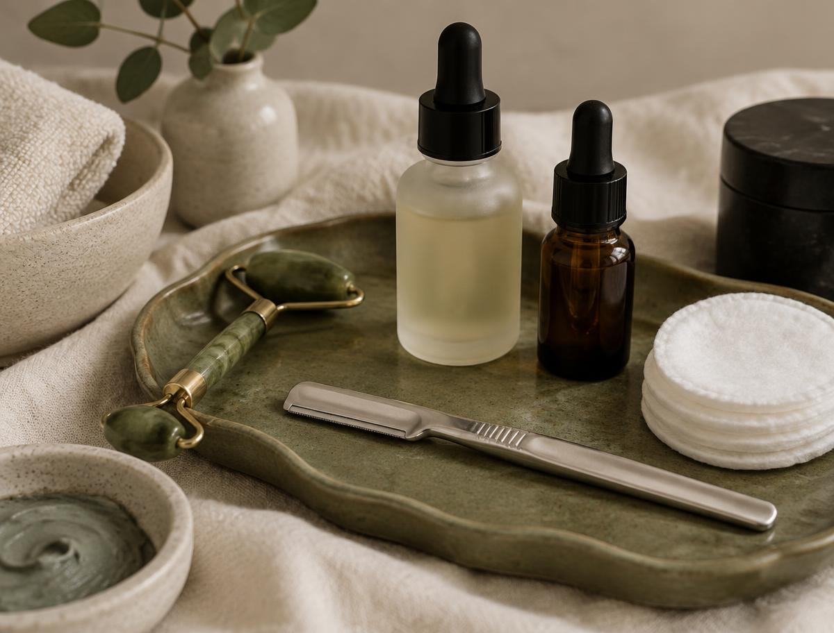 Serum bottle, mask brush and folded towel on a stone counter in the studio
