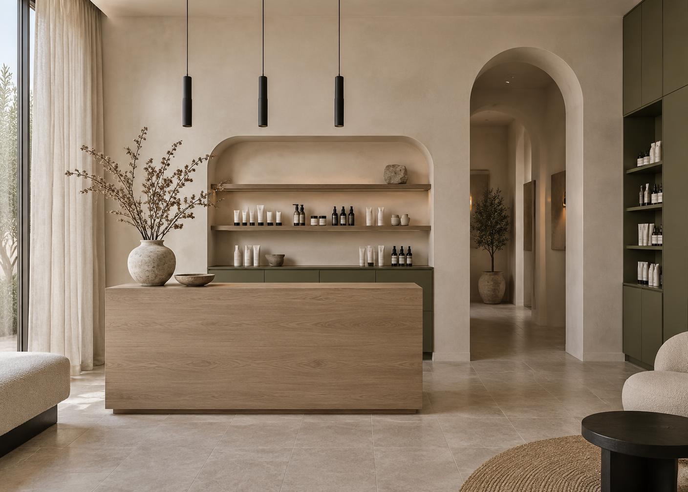 Studio entry with a small reception counter, dried florals and warm lighting